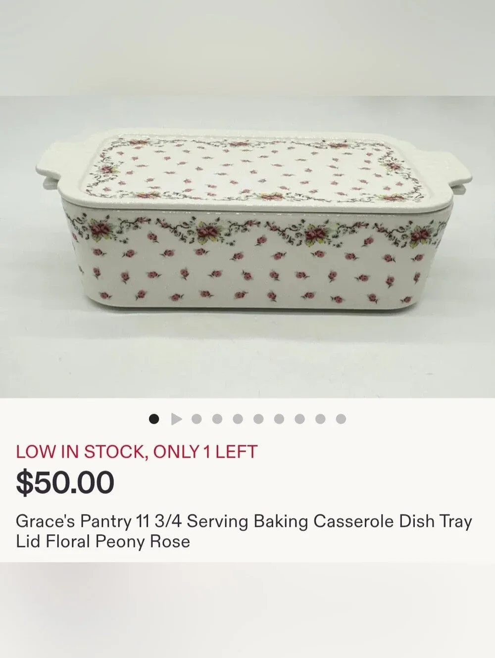 Grace's Pantry Floral Porcelain Covered Baking Dish Peony Rose Pattern